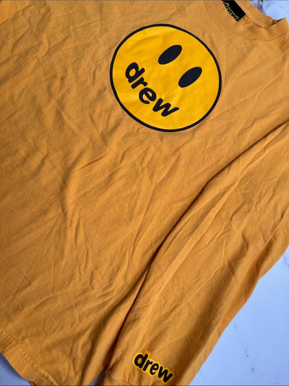 Drew House Mascot Logo Yellow T-shirt Men’s Sz L Long Sleeve Trendy Happy Bright